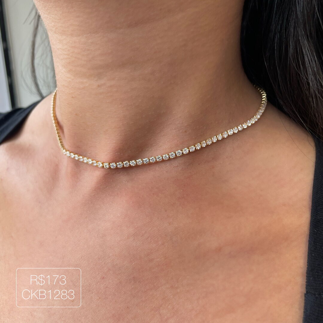 Choker Riviera 2mm Cristal Dourada